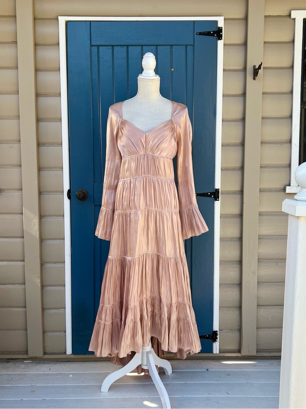 Cinq à Sept Nina Satin Tiered Maxi Dress in Travertine / Blush Pink  Women’s 4